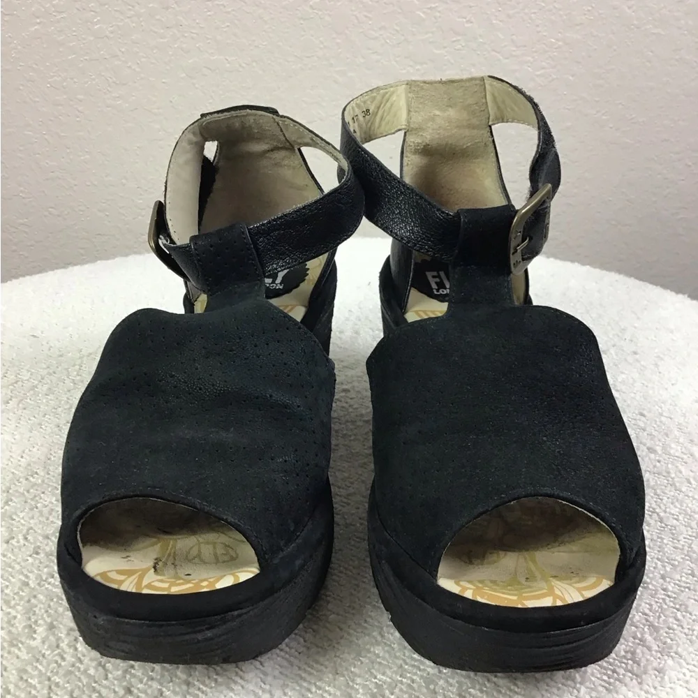 FLY London Perforated Leather Ankle Strap Wedges Sandals Black Size 38 (7.5-8)
